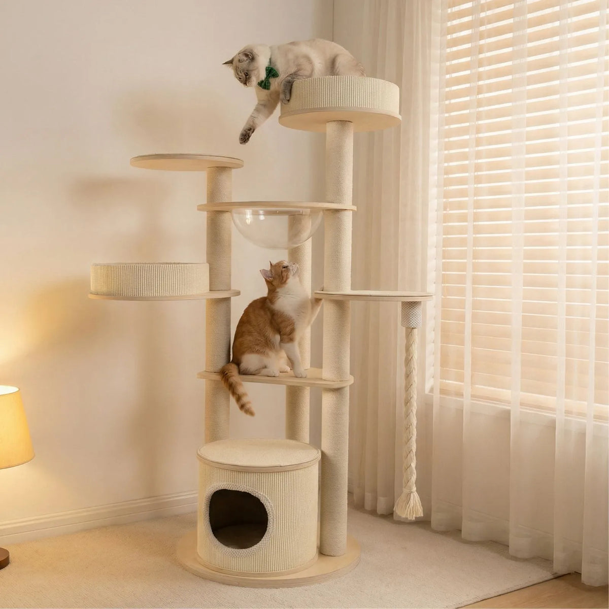 Petoria Grove Hideaway multi-level cat tree with den, platforms and scratching columns
