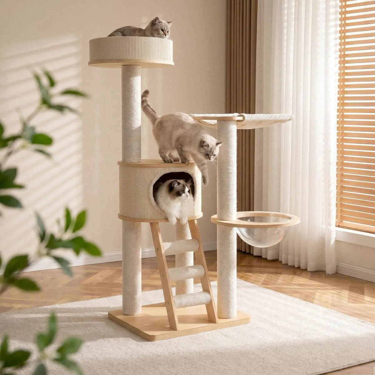 A tall Petoria Grove Ladder cat tree  in a bright room with three cats using it. The cat tree has a light wood base, cream-colored sisal-wrapped posts and platforms, a small enclosed cat bed, a climbing ladder, and a glass bowl perch.