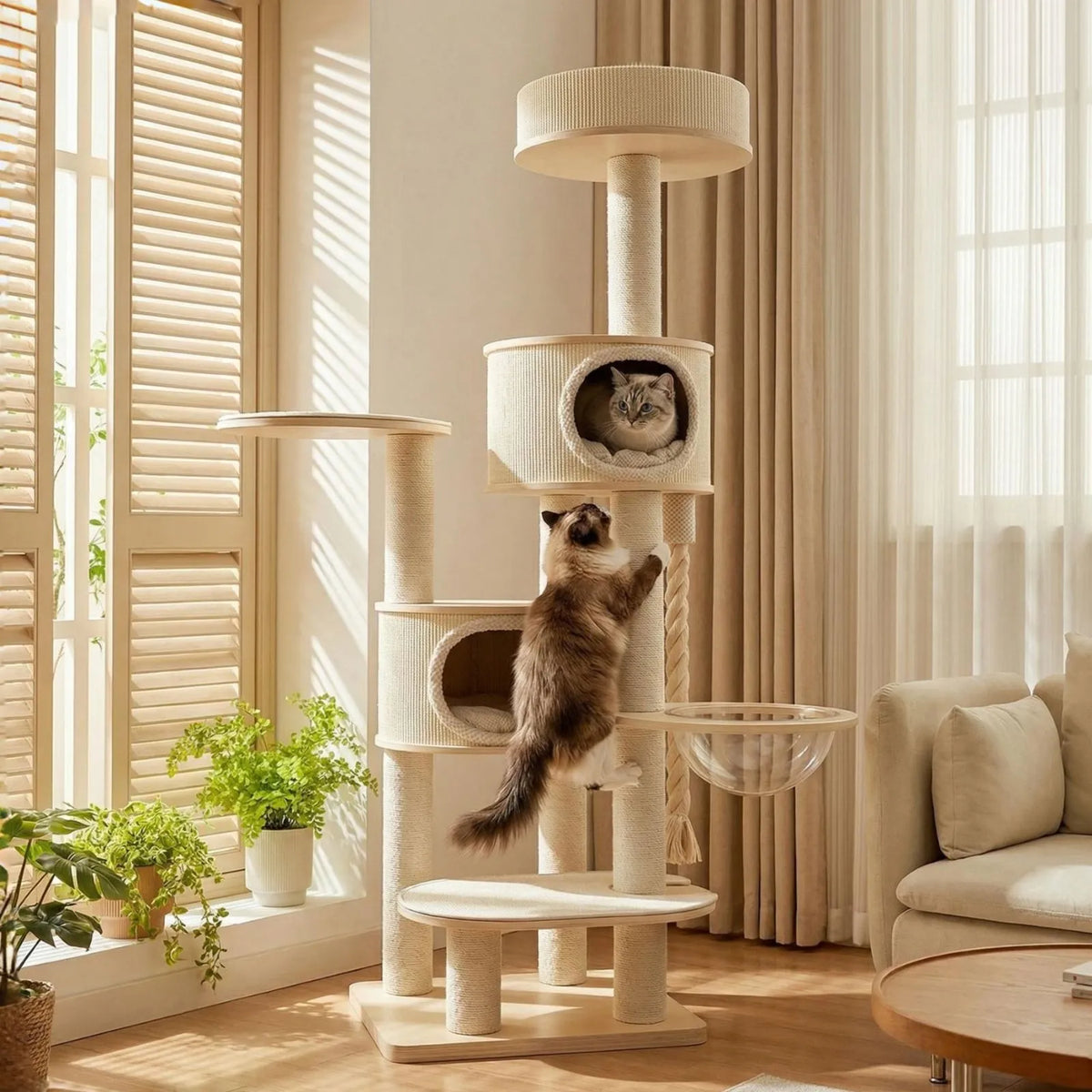 A tall cream-colored Petoria Grove Twin-Den Cat Tree with multiple levels, a window perch, and a cat cubby, shown in a sunlit living room with a cat climbing it. A sofa, curtains, plants, and window shutters are visible in the background.