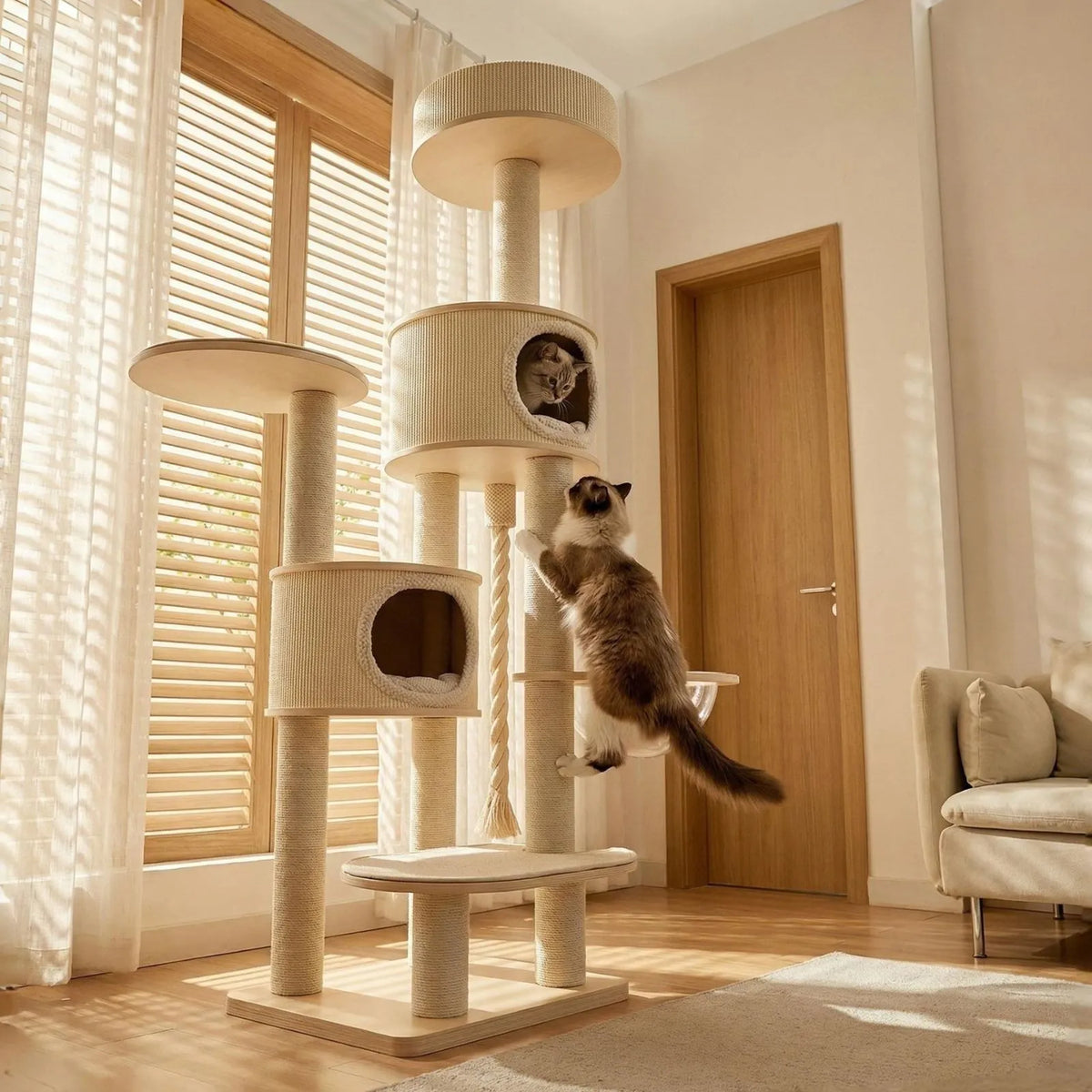 A tall cream-colored Petoria Grove Twin-Den Cat Tree with multiple platforms, rope-wrapped posts, and enclosed cubbies stands in a sunlit living room. A fluffy gray-and-white cat is climbing the tree, and a sofa is partially visible on the right.
