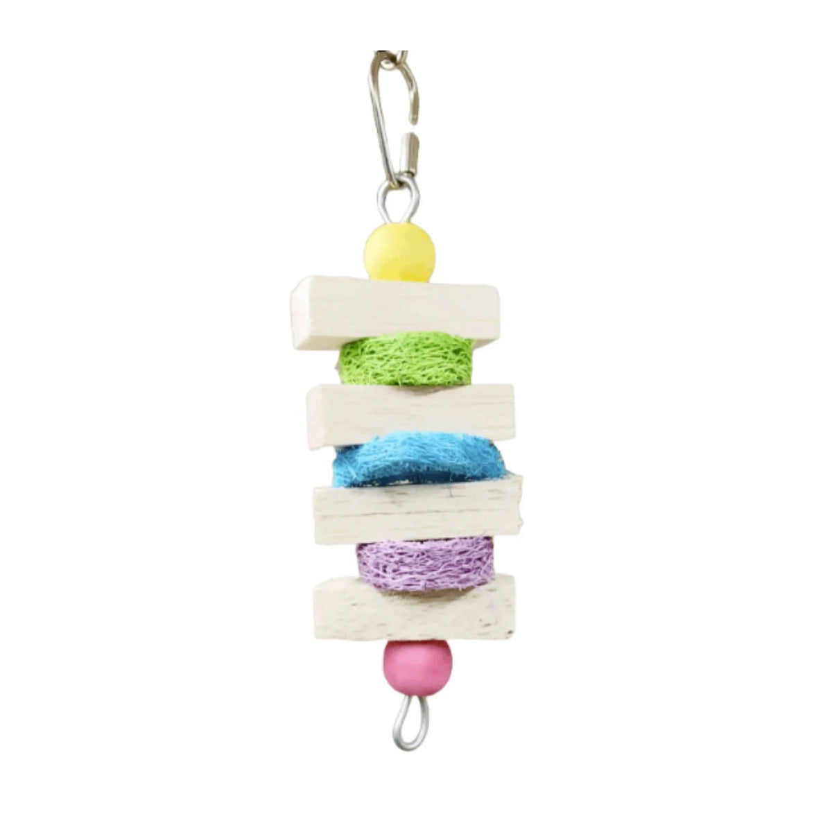 Petoria Pastel Nibble Stack Bird Chew Toy with wooden blocks and colourful loofah pieces