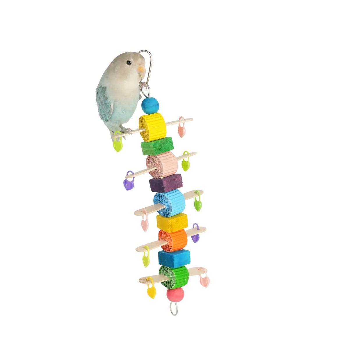 A colorful Petoria Rainbow Activity Bird Ladder with colourful wooden rungs and hanging pieces, featuring a small light blue and white bird perched on top. The toy consists of stacked wooden blocks in yellow, green, blue, purple, pink, and orange, with small hanging wooden beads and heart-shaped tags.