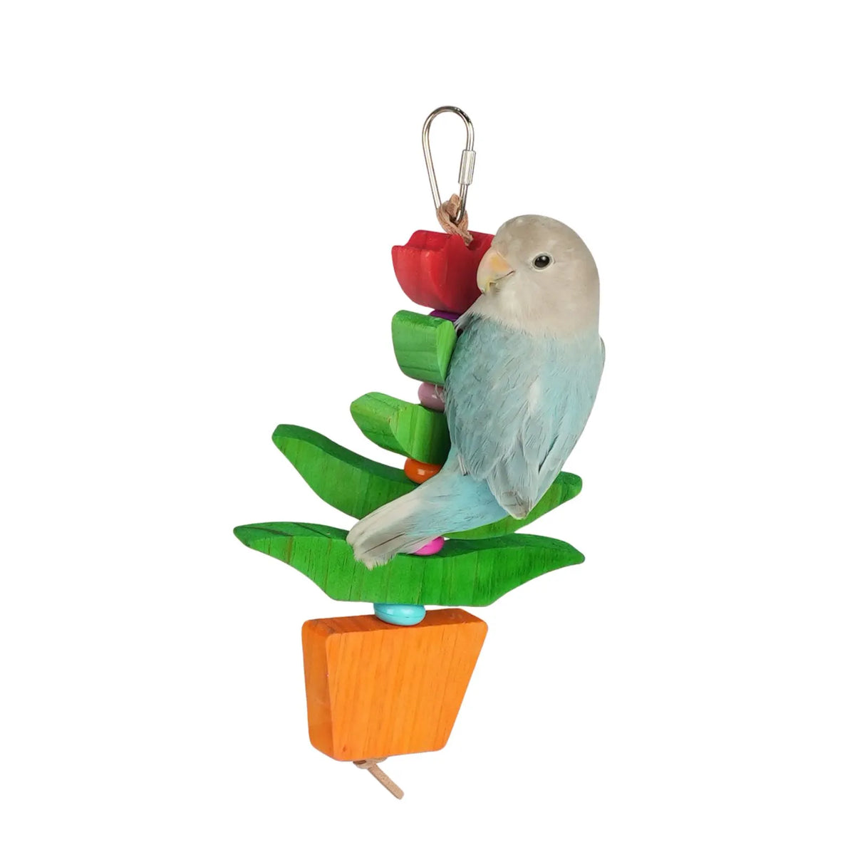 A wooden bird toy shaped like a potted plant with green leaves, a red flower, and a light blue bird perched on it, shown against a plain white background.