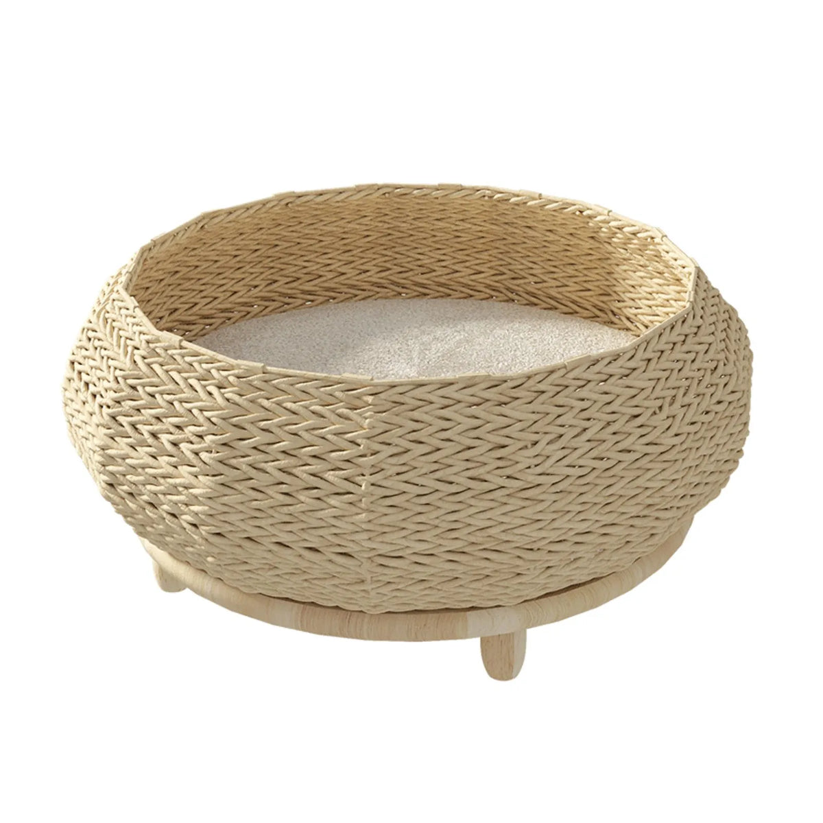 Scandi Meadow round woven cat nest bed with raised rubberwood feet and a soft cushion.