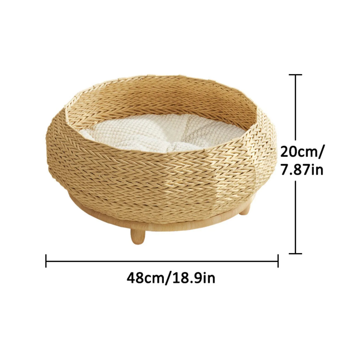 Scandi Meadow round woven cat nest bed with raised rubberwood feet and a soft cushion dimensions