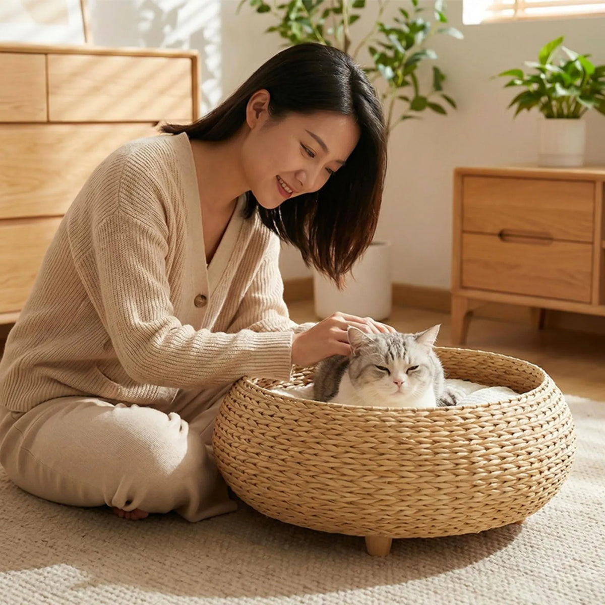 Woman petting a cat in a Scandi Meadow round woven cat nest bed.