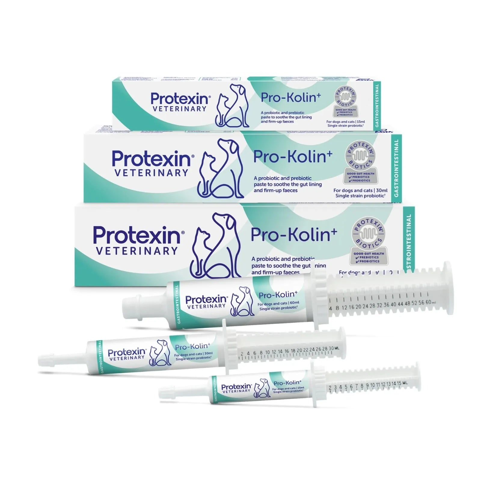 Three boxes of Protexin Veterinary Pro-Kolin+ alongside three dosing syringes arranged on a plain white background.