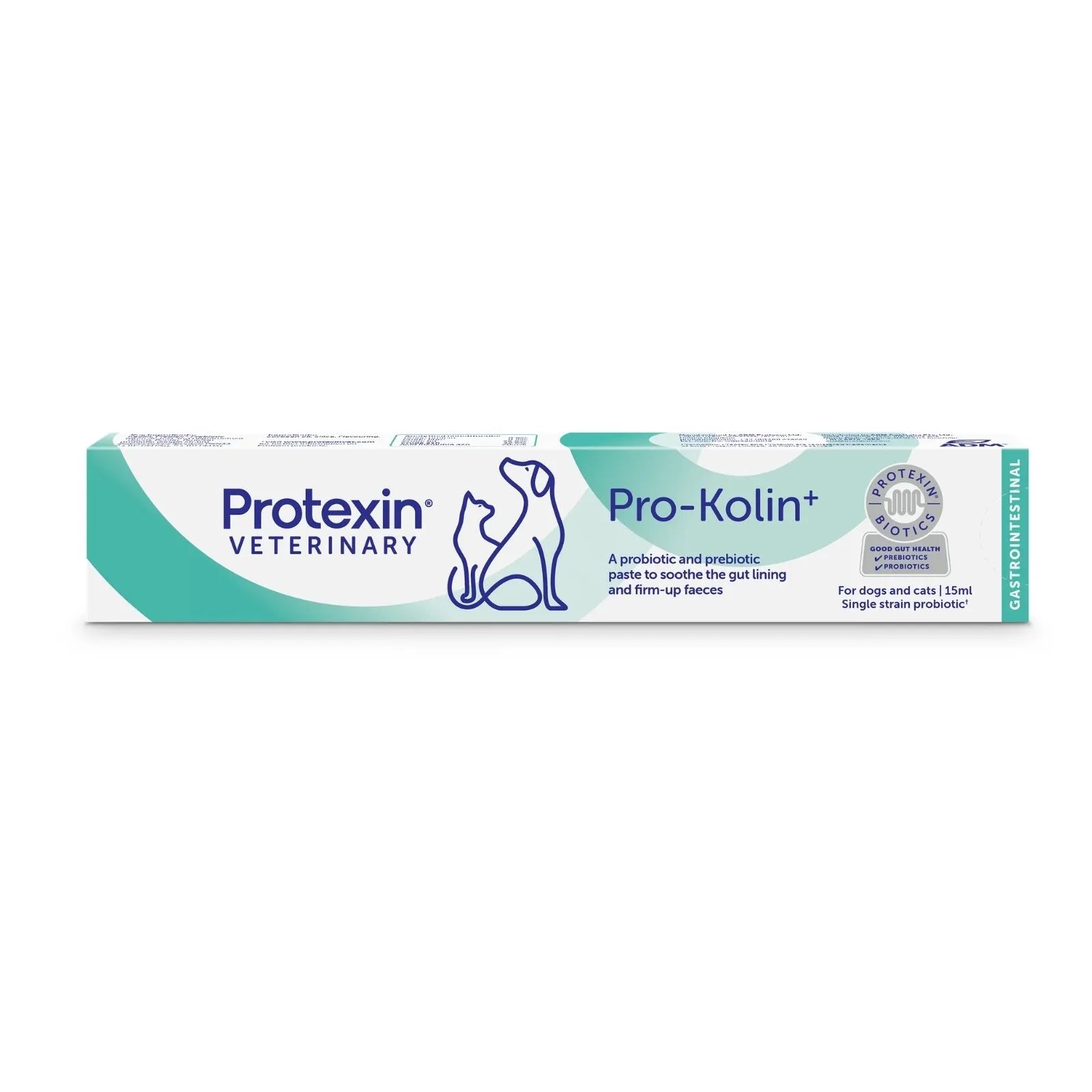 A box of Protexin Veterinary Pro-Kolin+ probiotic for cats, featuring a white and teal design with a blue cat silhouette, on a plain white background.