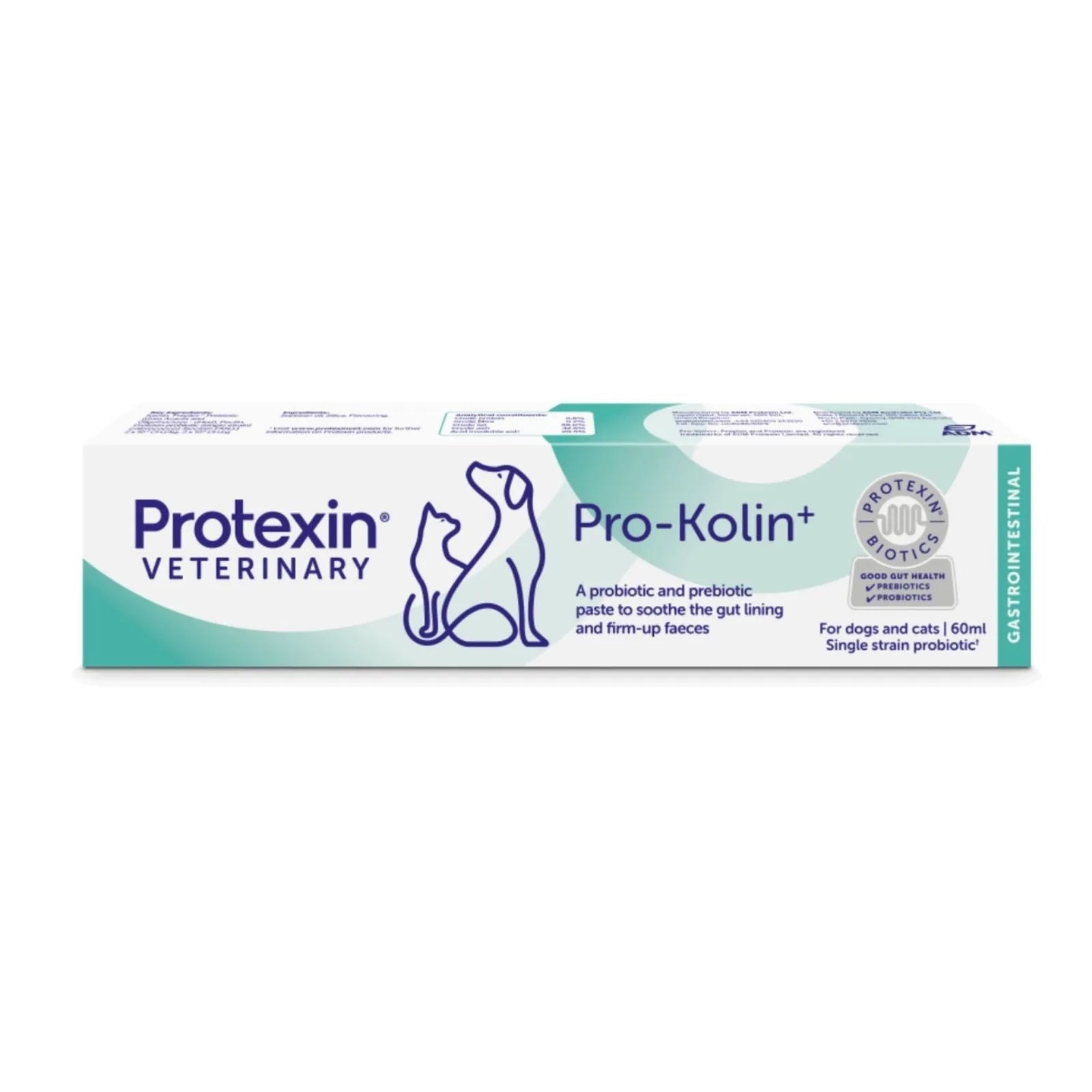A 60ml carton of Protexin Veterinary Pro-Kolin+ probiotic paste for dogs and cats, featuring a white and teal design with blue text and line art of a dog and cat.