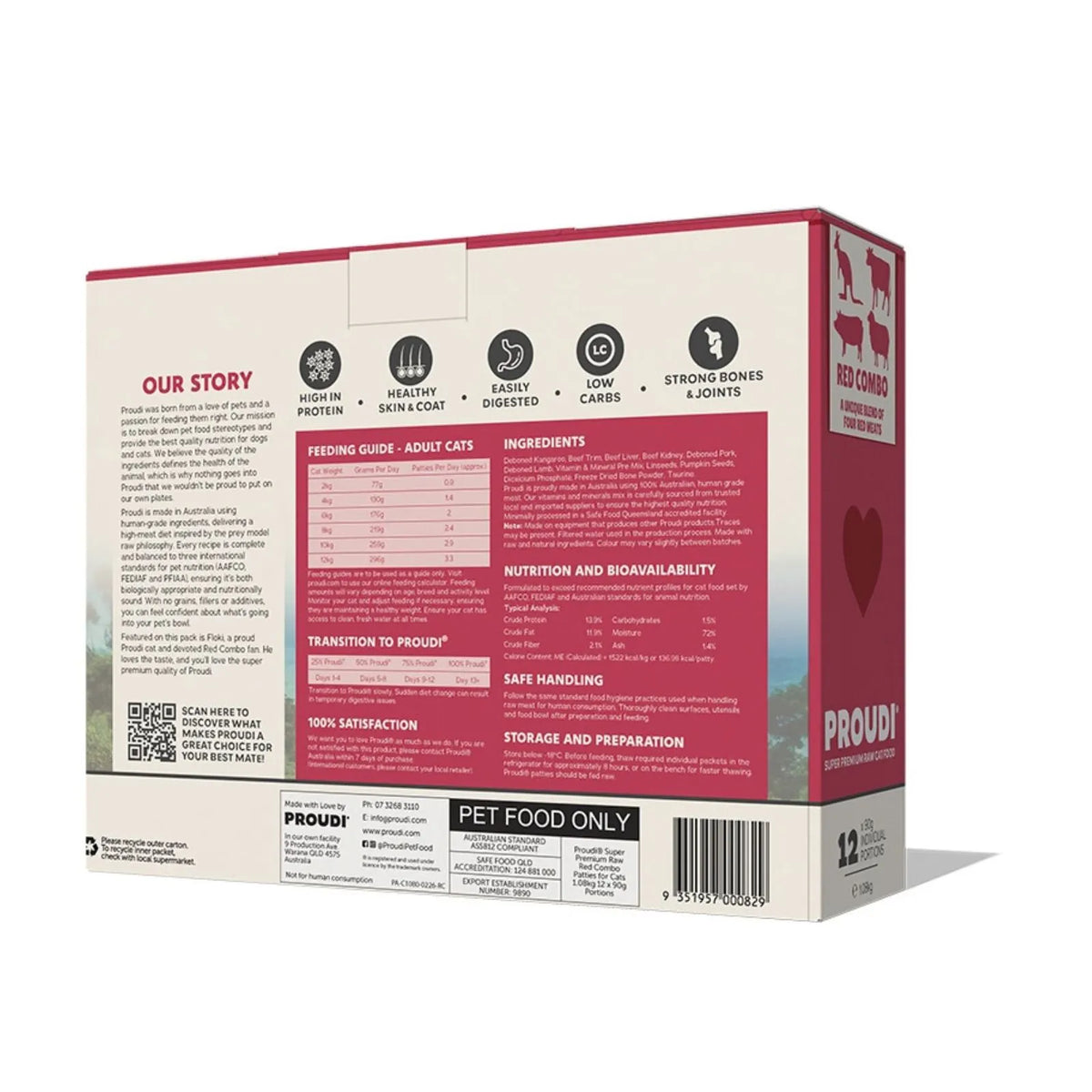 A box of Prodi Adult Cat Wet Food, showing the back and side panels of the packaging. The box is cream-colored with a prominent dark pink/magenta block on the back and side, featuring text, icons, and a barcode.