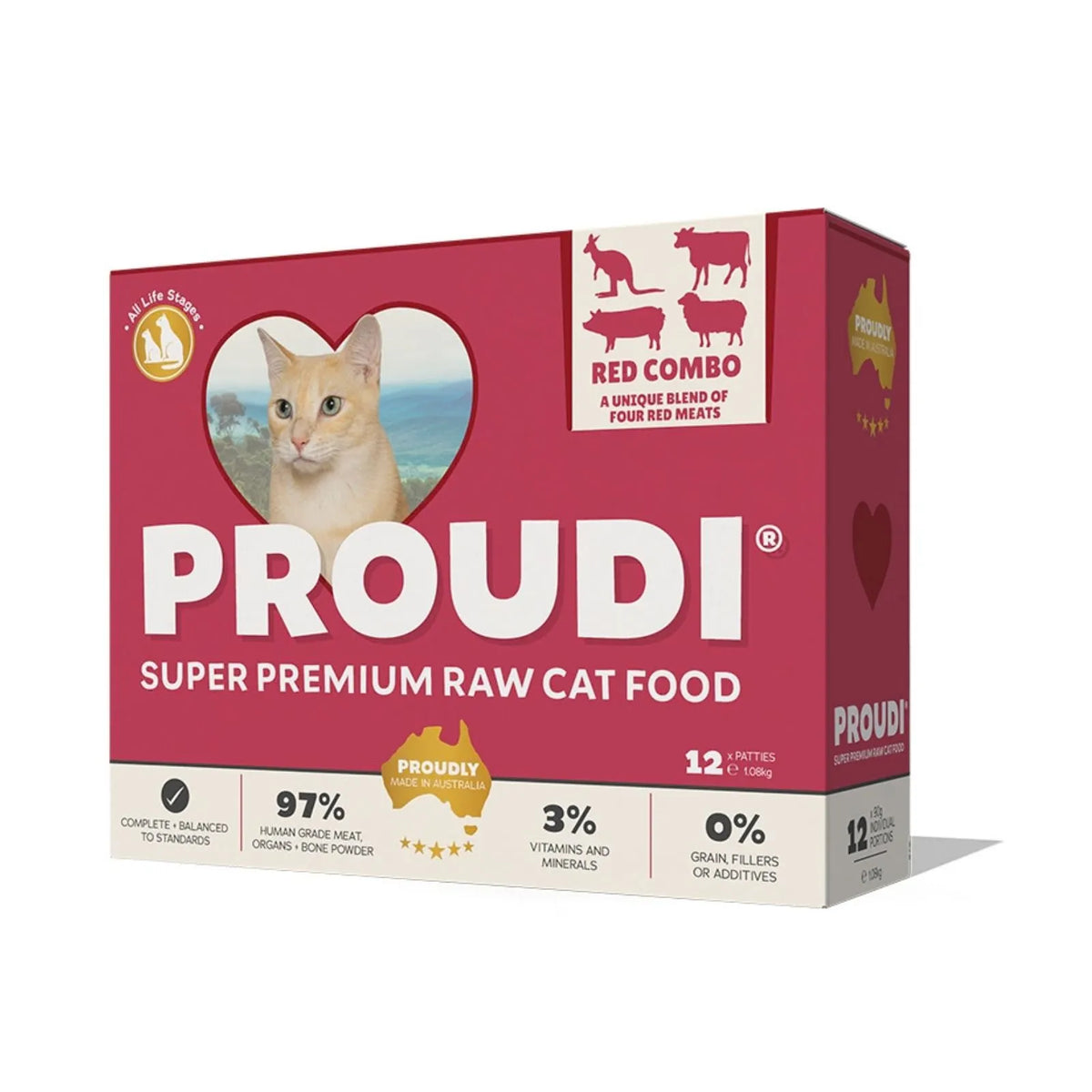 A box of PROUDI Super Premium Raw Cat Food, Red Combo, featuring a pink and white packaging design with a heart-shaped photo of a cat on the front.