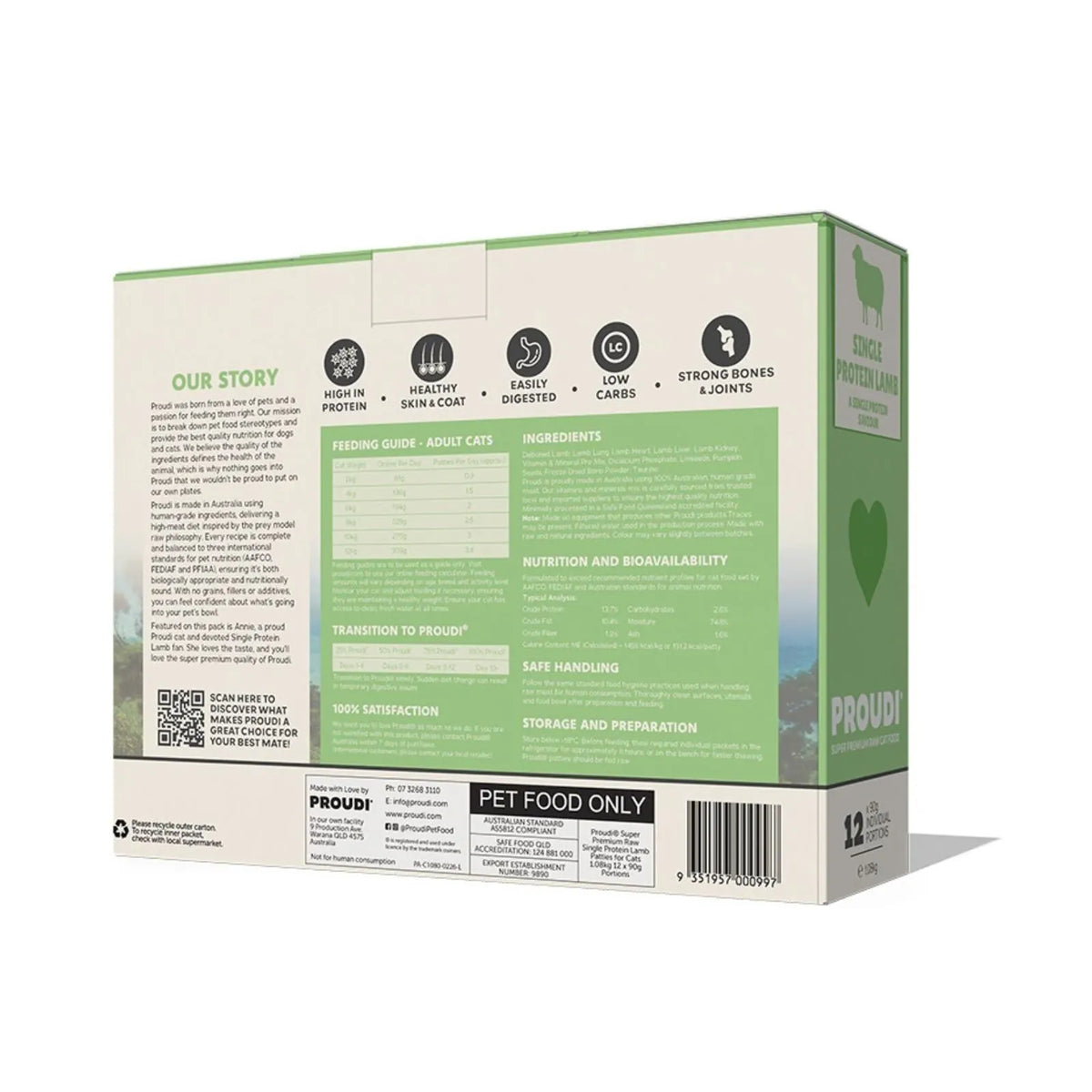 The back of a Proud! lamb Cat food box shown on a clean white background. The packaging is off-white with a light green panel containing product information, a QR code, and a barcode.