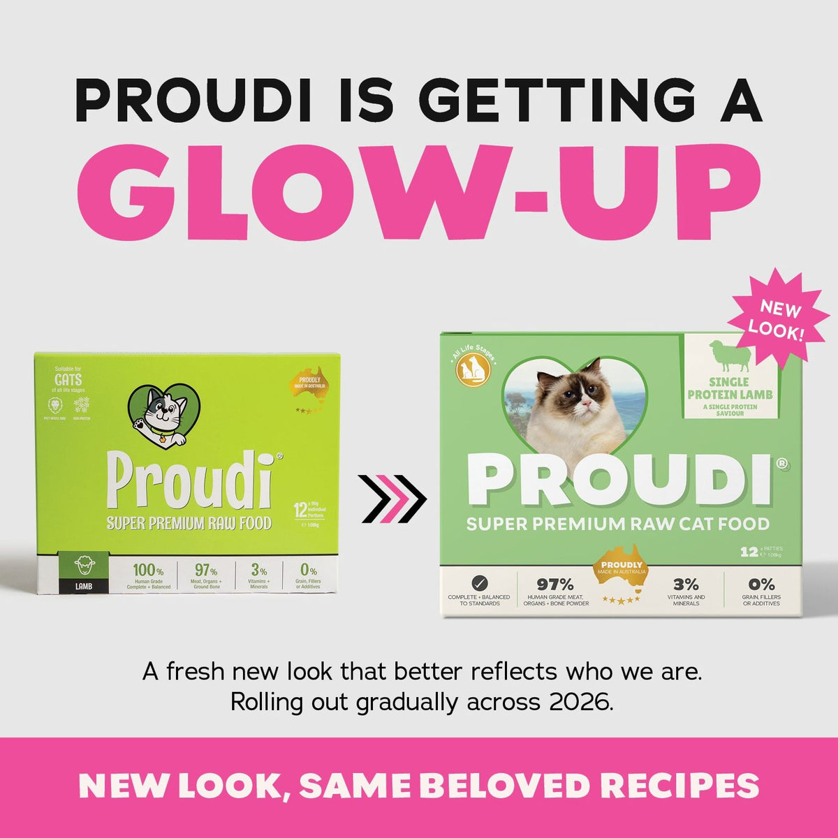 Promotional graphic for Proudi cat food showing the old green packaging on the left and the new mint green packaging on the right, with large text reading 'PROUDI IS GETTING A GLOW-UP' and 'NEW LOOK, SAME BELOVED RECIPES'.