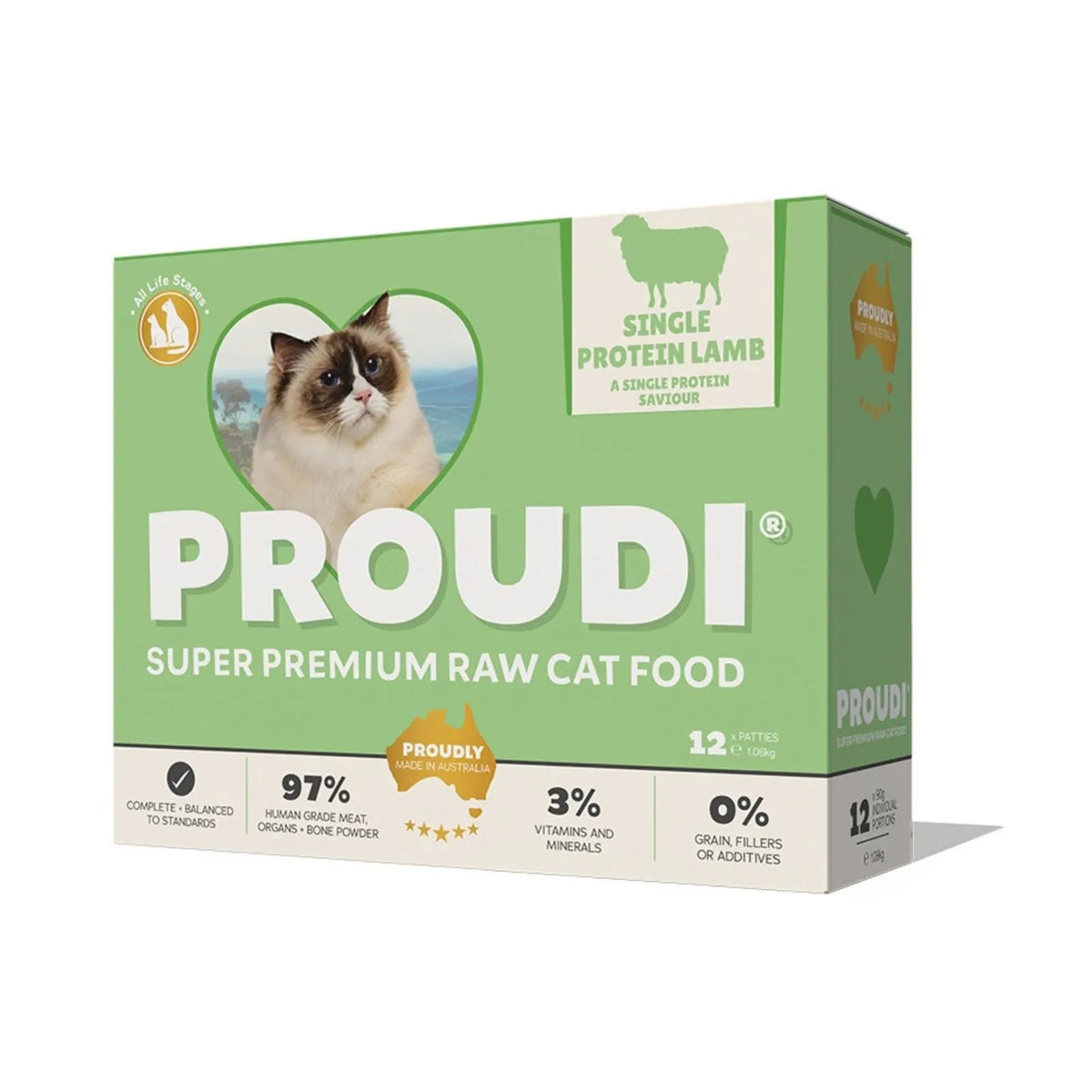 A box of PROUDI Super Premium Raw Cat Food, Single Protein Lamb flavor, shown on a clean white background. The packaging is light green and white, featuring a photo of a cat in a heart-shaped frame on the front.