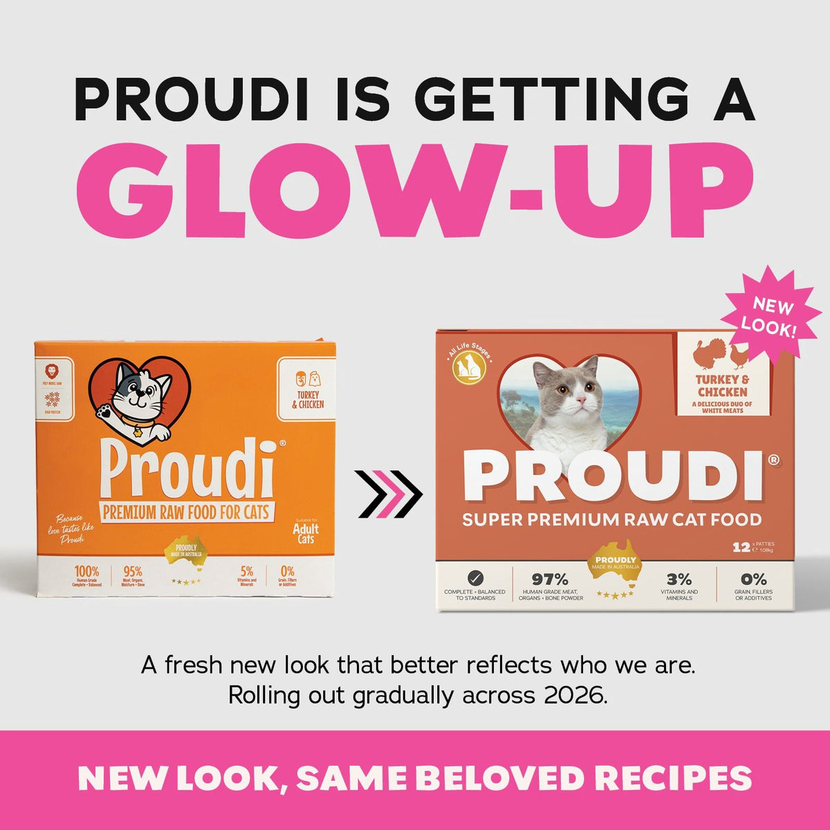 Promotional graphic for Proudi Turkey and Chicken Cat food announcing a new look. It shows two boxes of Proudi premium raw cat food side by side, with the left box in the old orange color and the right box in a new terracotta orange color, accompanied by large text reading 'PROUDI IS GETTING A GLOW-UP' and 'NEW LOOK, SAME BELOVED RECIPES'.