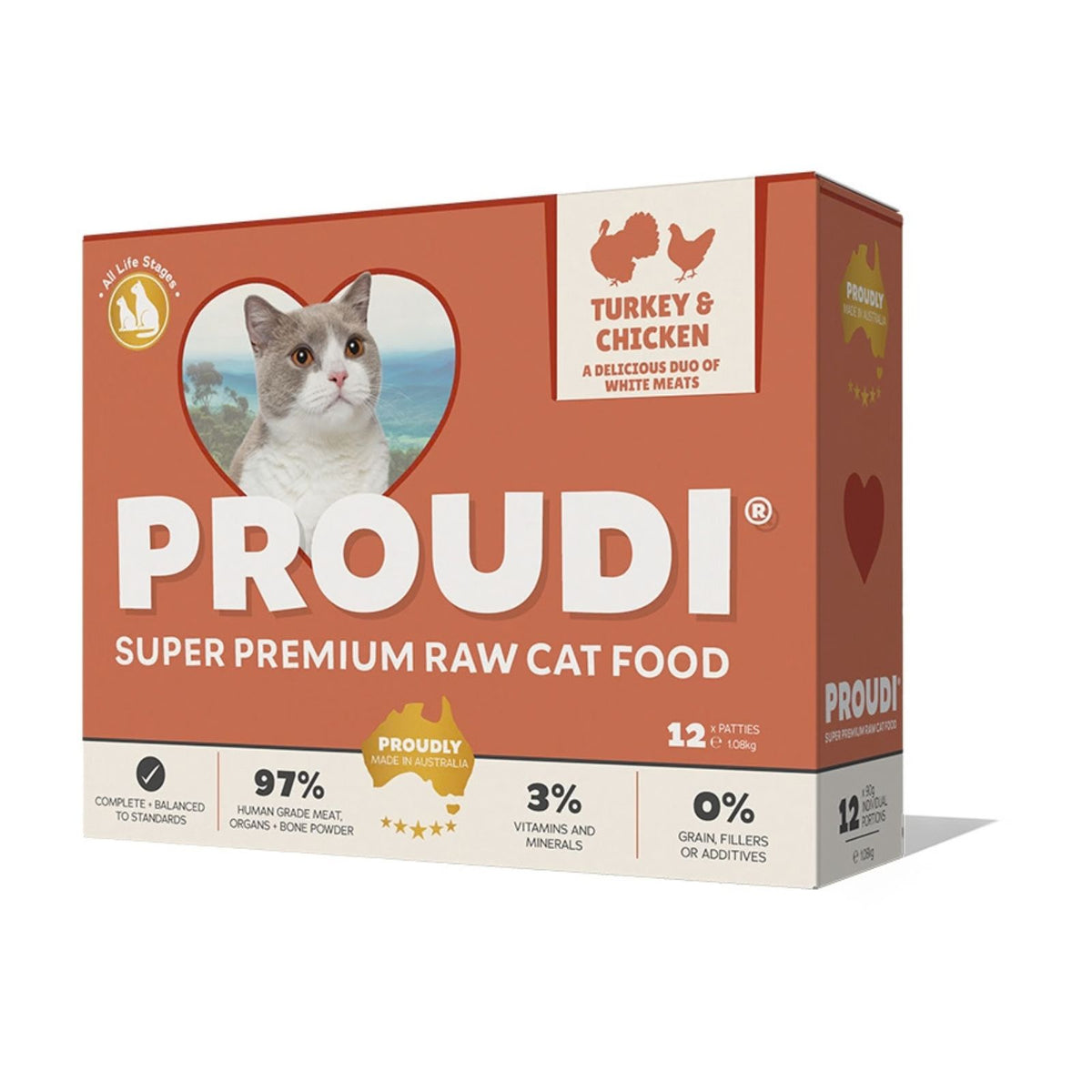 A box of Proudi Super Premium Raw Cat Food, Turkey & Chicken flavour, shown on a clean white background. The packaging is terracotta orange with white text and a heart-shaped photo of a grey and white cat.