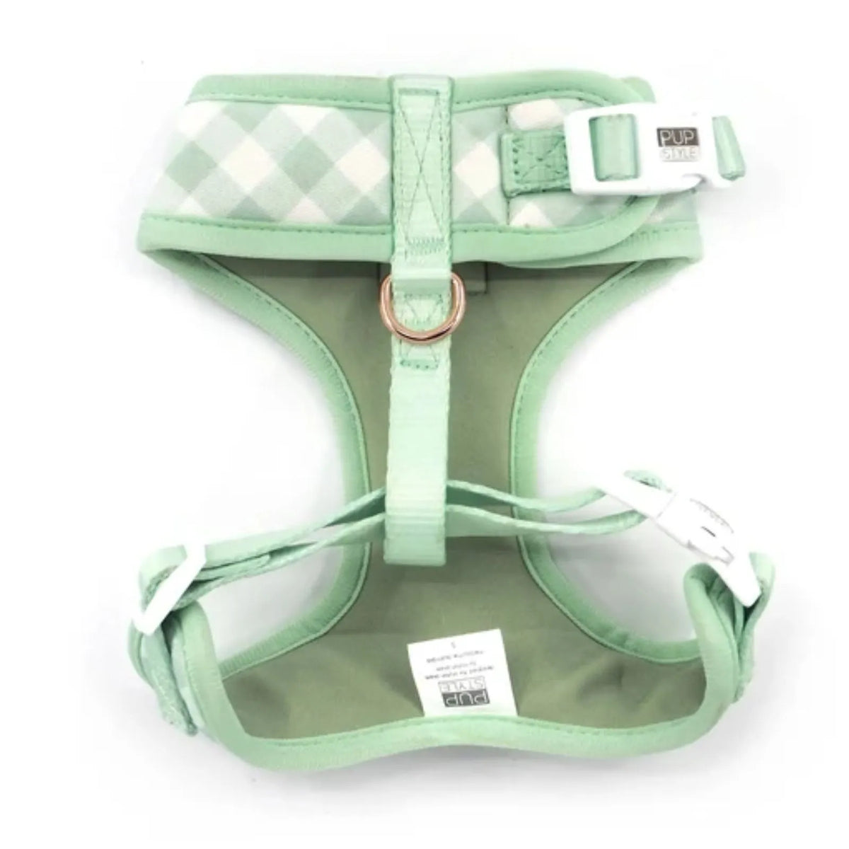 A mint green and white gingham-patterned dog harness with adjustable straps and white plastic buckles, shown on a plain white background.