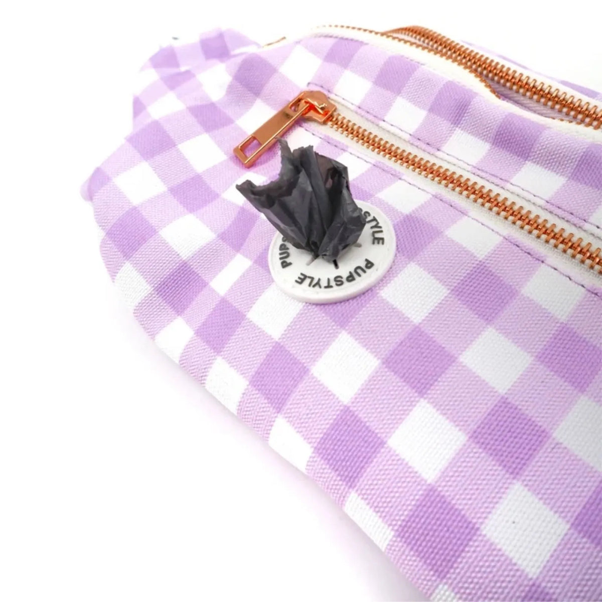 Pupstyle Berry Milkshake Dog Parent Bum Bag showing intergrated poop bag holder.