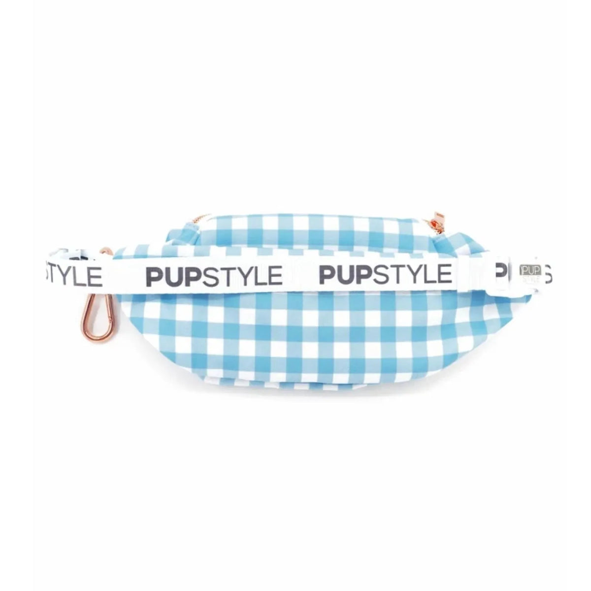 Pupstyle Blueberry Muffin Dog Parent Bum Bag with adjustable waist strap.featuring the 'PUPSTYLE' brand name in black text, and a rose gold carabiner on the side.