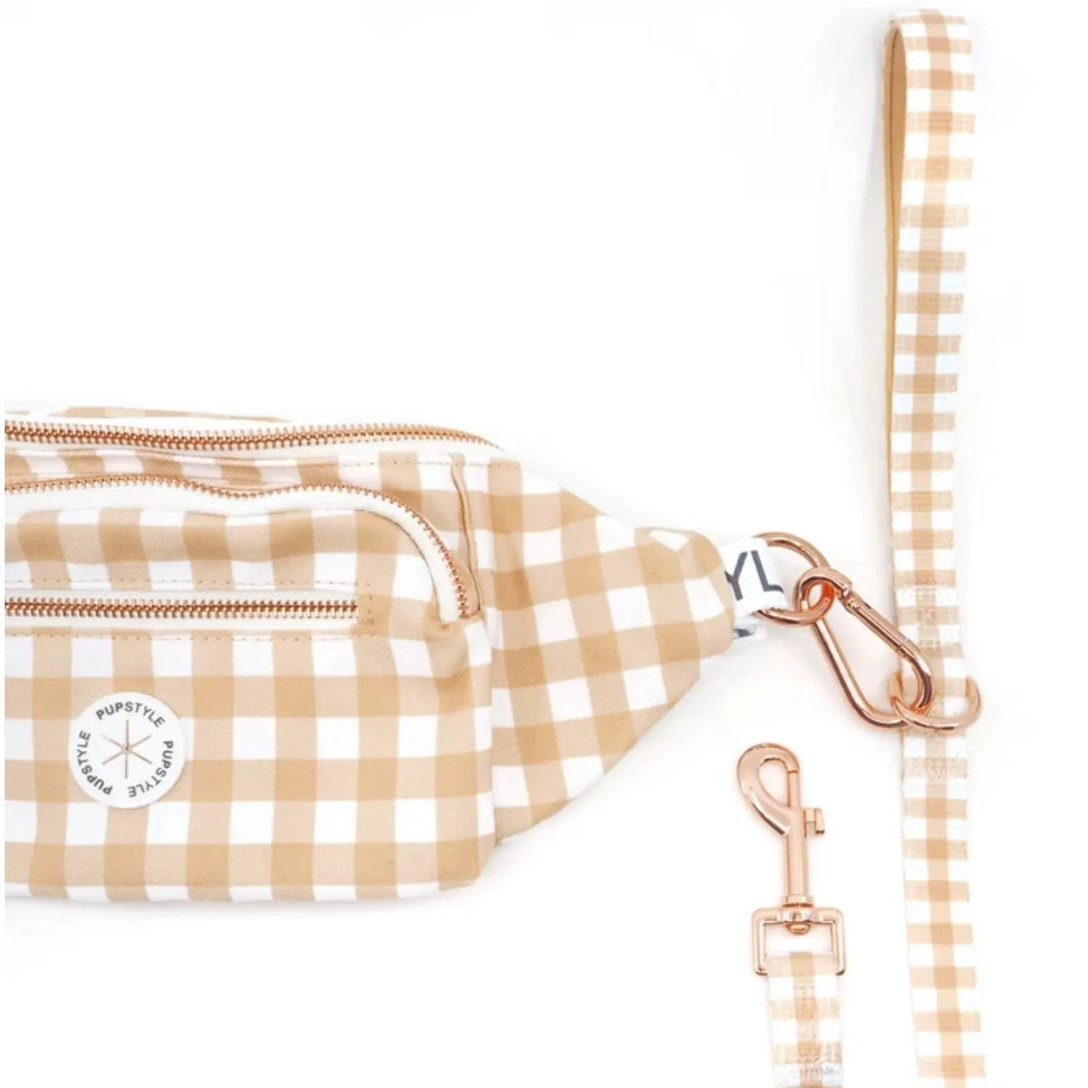 Pupstyle Creme Brulee Dog Parent Bum Bag with adjustable waist strap pictured with a Pupstyle Lead.