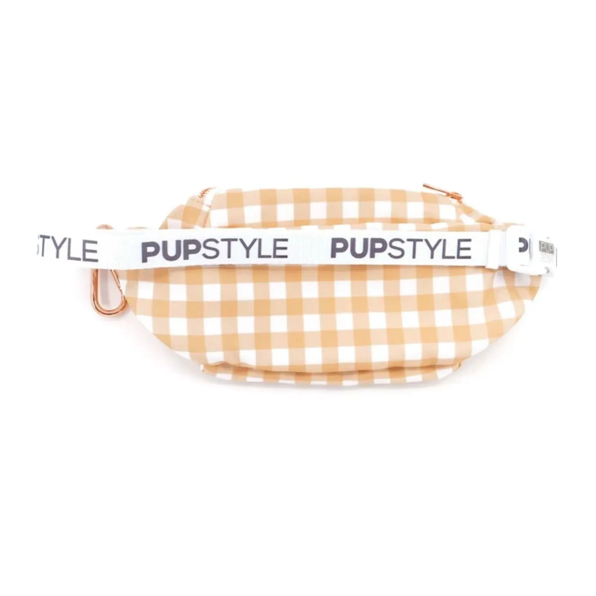 Pupstyle Creme Brulee Dog Parent Bum Bag with adjustable waist strap featuring a white elastic strap printed with the brand name 'PUPSTYLE' in black, and a rose gold carabiner on the side.