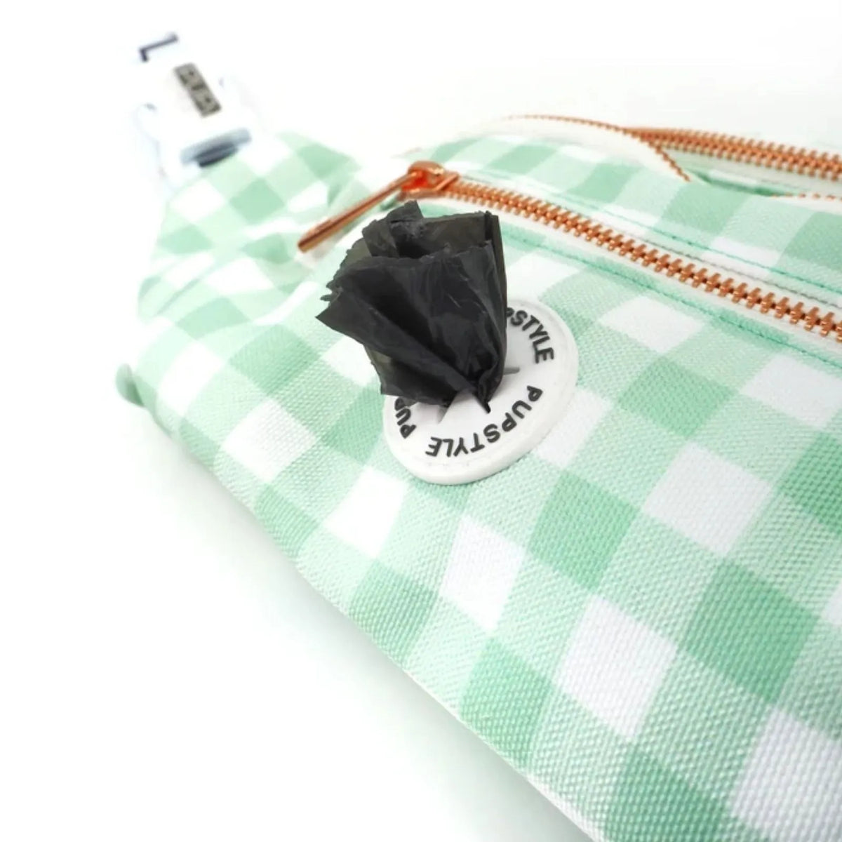 Pupstyle Sweet Apple Dog Parent Bum Bag with adjustable waist strap showing the intergrated poop bag holder.