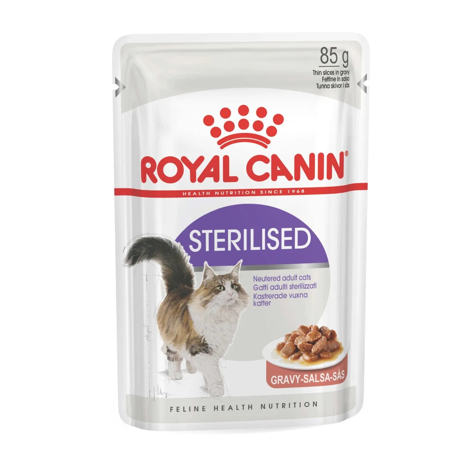 A Royal Canin Sterilised cat food pouch, 85g, featuring a white background with red and purple branding, an illustration of a long-haired cat, and a small bowl of wet food at the bottom.