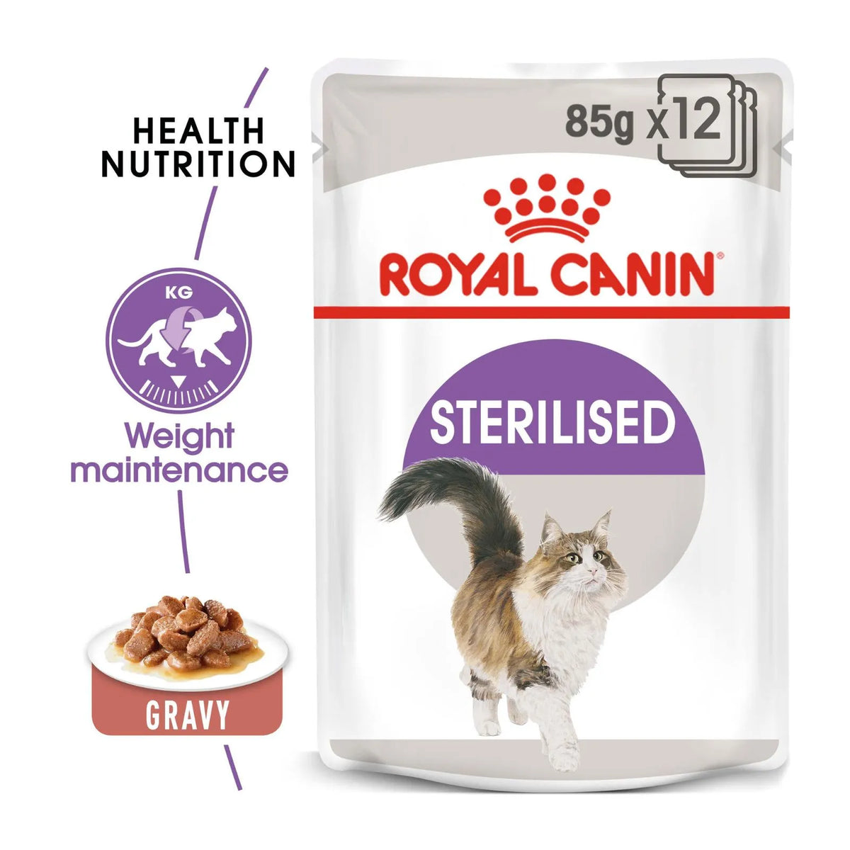 Royal Canin Sterilised cat food pouch in gravy, shown on a white background with promotional text highlighting health, nutrition, weight maintenance, and a small serving suggestion of wet cat food.