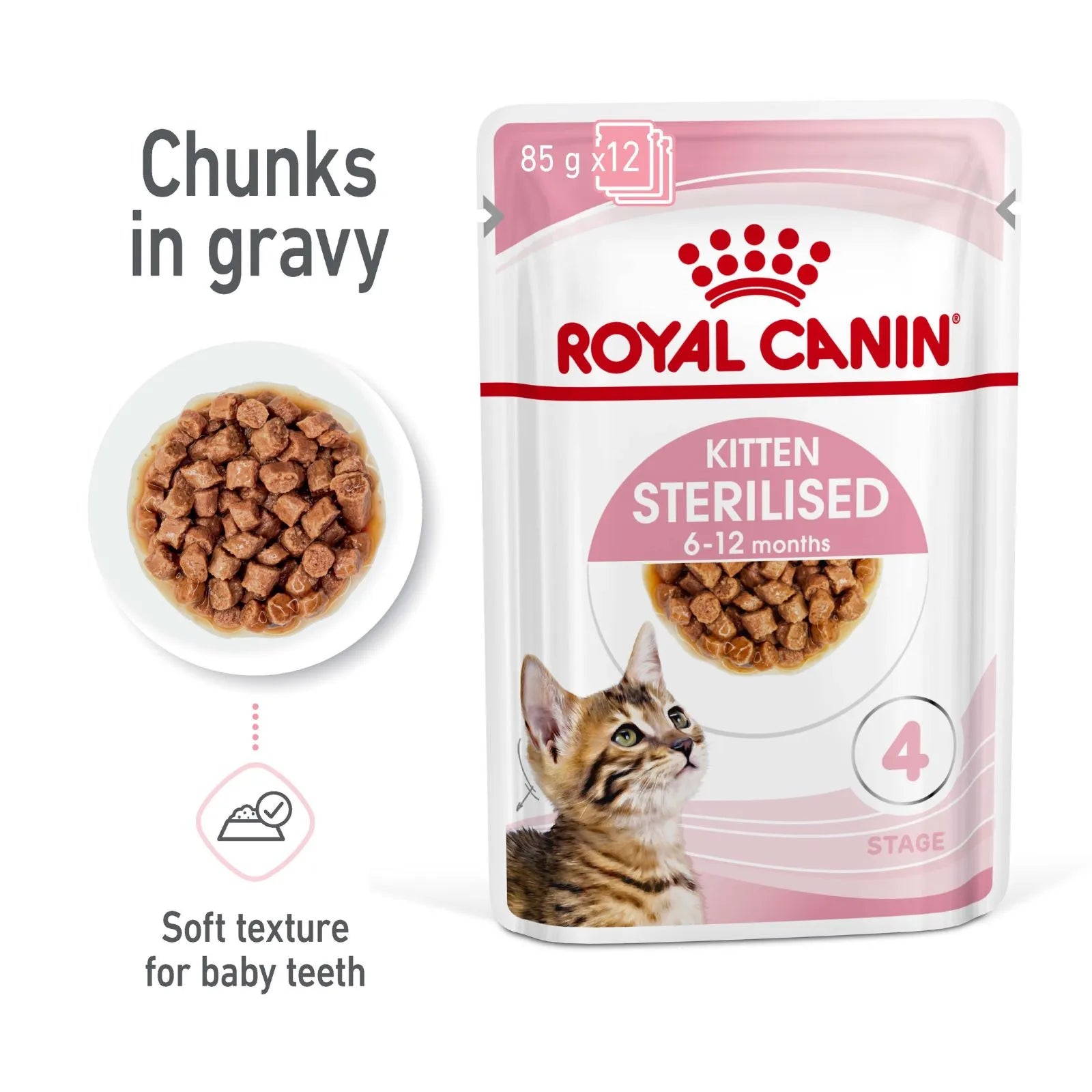 A Royal Canin Kitten Sterilised 6-12 months cat food pouch on a white background, with a bowl of kibble chunks and text reading 'Chunks in gravy' and 'Soft texture for baby teeth'.