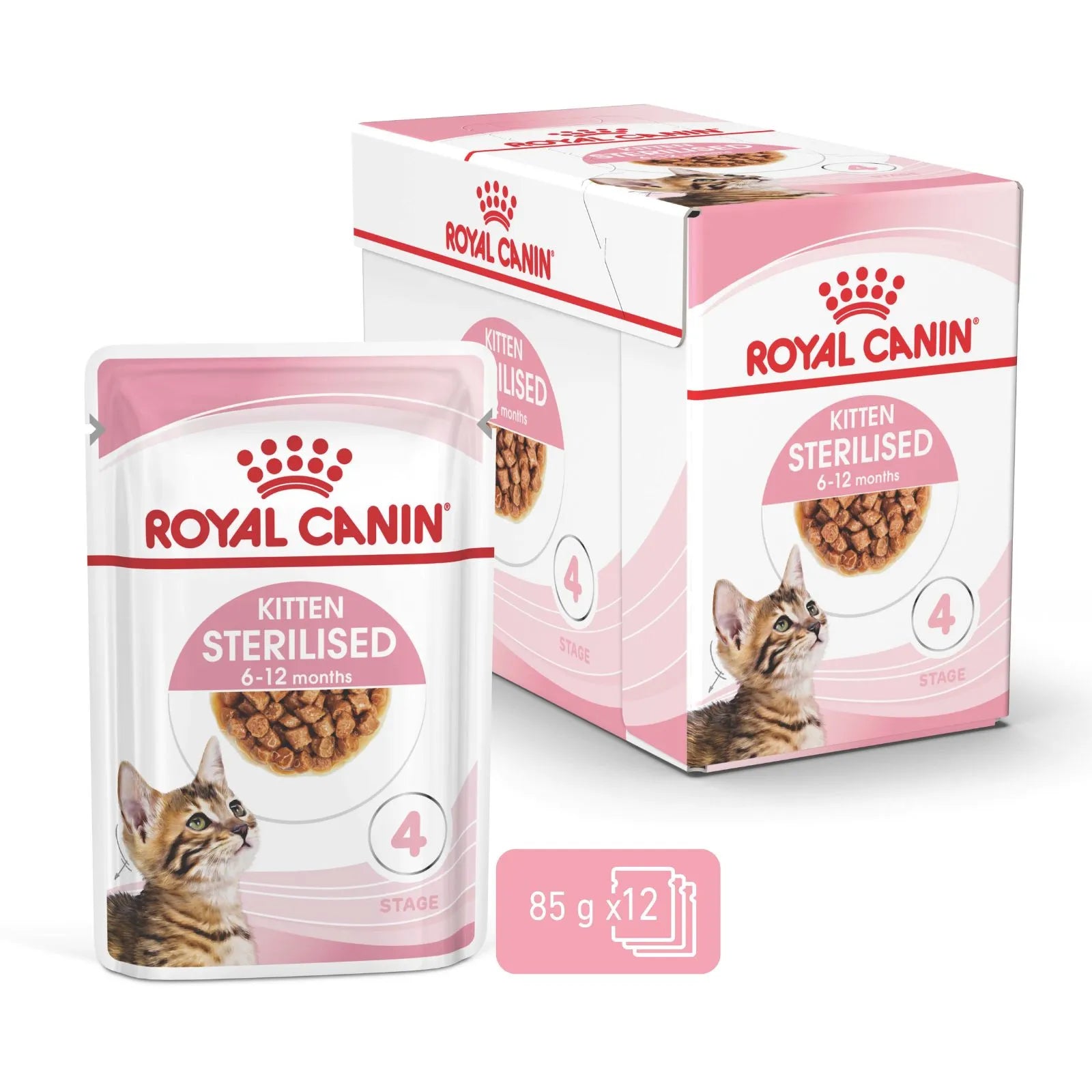 Royal Canin Kitten Sterilised cat food packaging, showing a single 85g pouch in front of a larger 12-pack carton, with a small pink badge indicating 85g x 12.