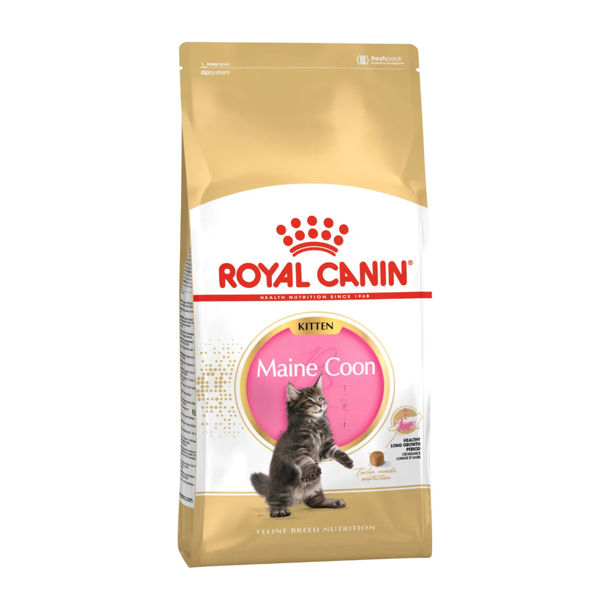 A bag of Royal Canin Maine Coon kitten food, featuring a gold and white package design with a pink circular label, a photo of a Maine Coon cat, and the Royal Canin logo.