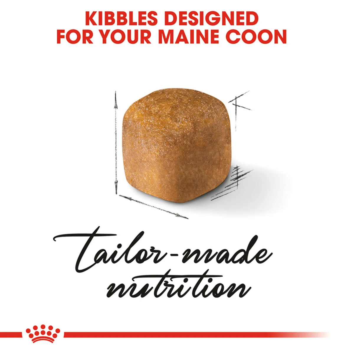 Royal Canin cat food kibble with text 'Kibbles Designed for your Maine Coon' and 'Tailor-made nutrition' on a white background.