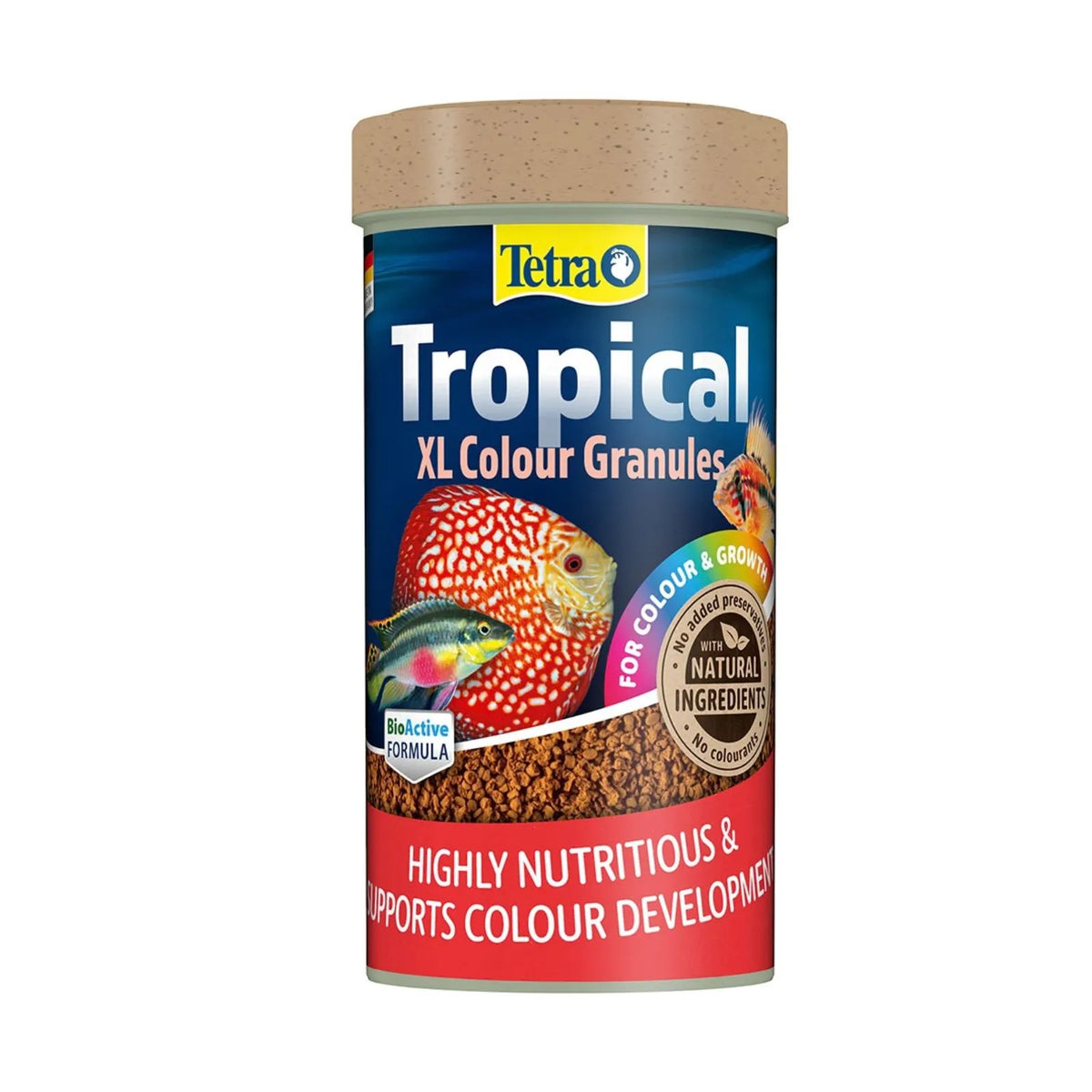 A cylindrical container of Tetra Tropical XL Colour Granules fish food, featuring a blue label with a red bottom band, a beige lid, and illustrations of colorful tetras and fish.