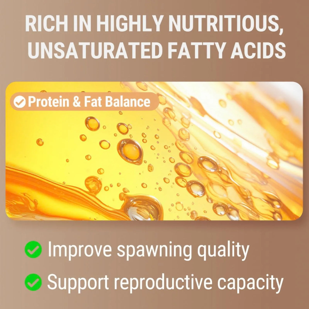 Promotional graphic for a fish oil supplement, featuring a central rounded rectangle showing golden yellow oil with bubbles, surrounded by brown background with white and green text highlighting benefits like protein and fat balance, and improved spawning quality.