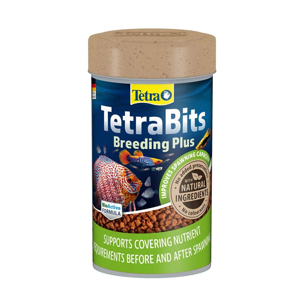 A canister of Tetra TetraBits Breeding Plus fish food supplement, featuring a blue label with a brown lid and a green bottom section, on a plain white background.