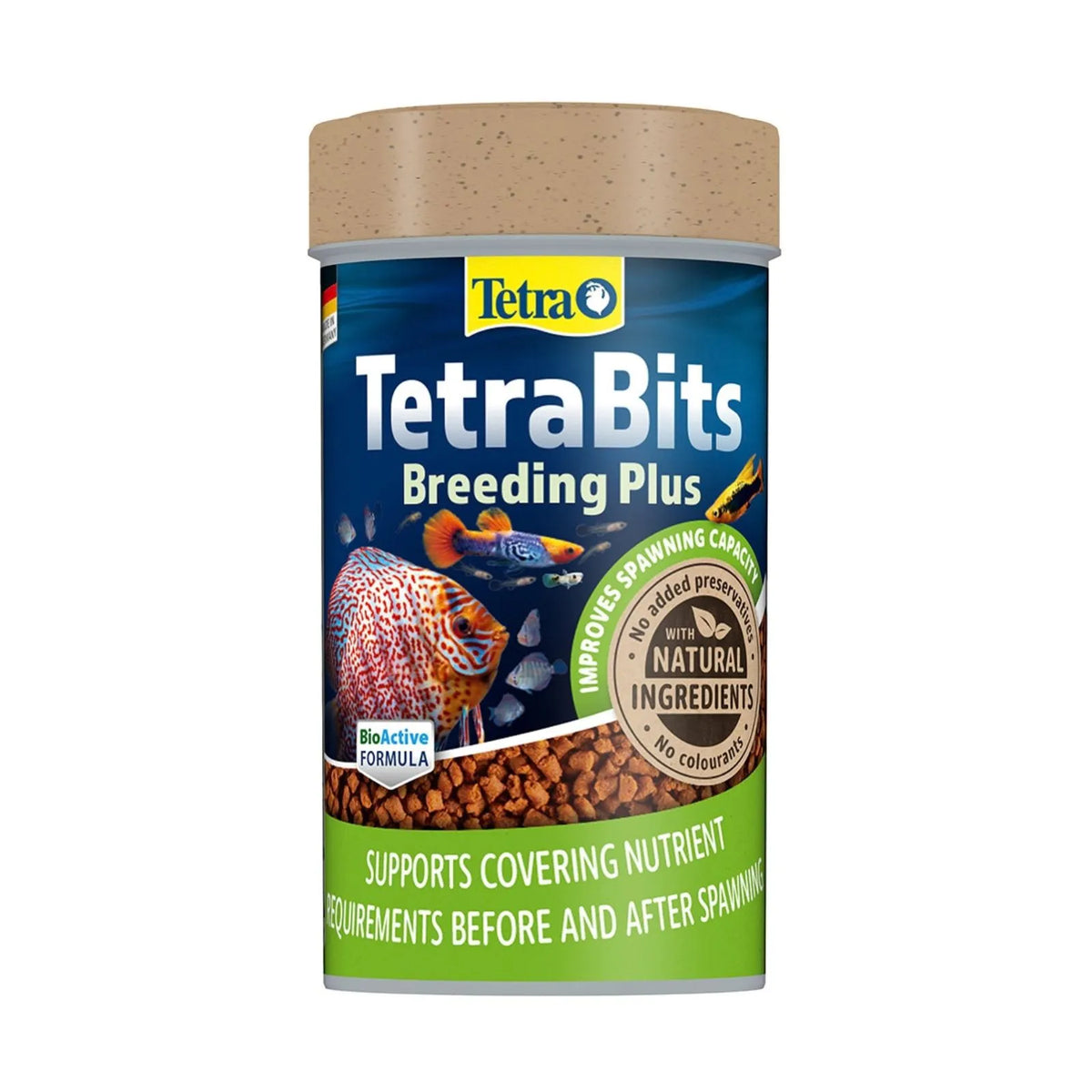 A cylindrical container of Tetra Bits Breeding Plus fish food supplement, featuring a blue label with a beige lid and a green bottom band, on a plain white background.
