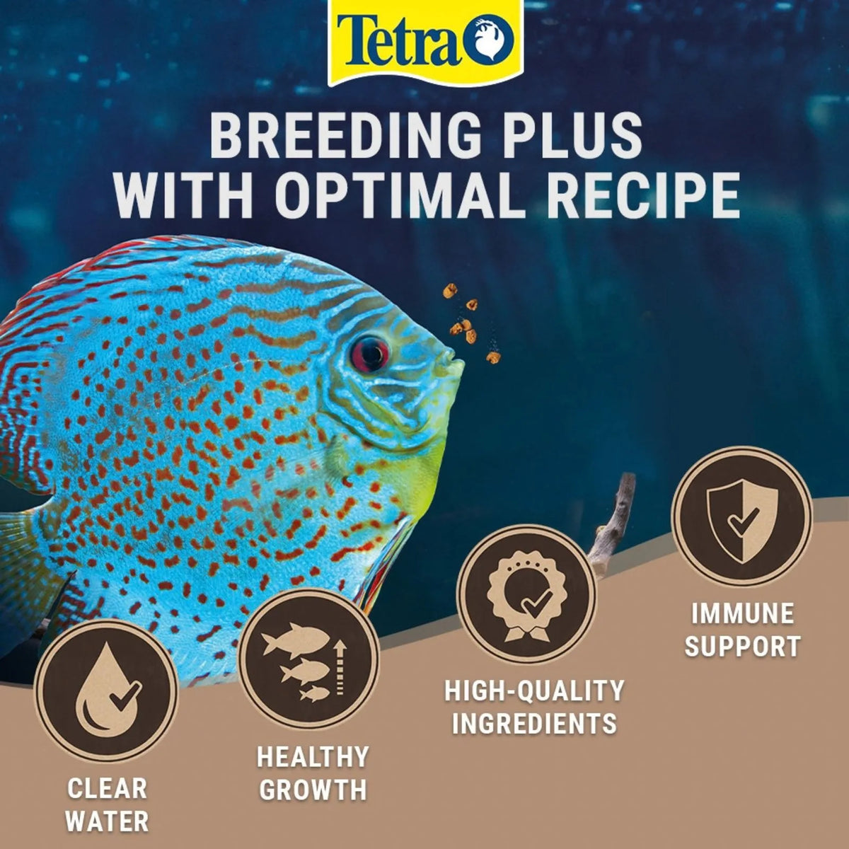 Tetra Breeding Plus fish food advertisement featuring a blue and yellow discus fish on a dark blue background with brown informational badges highlighting benefits like clear water, healthy growth, high-quality ingredients, and immune support.