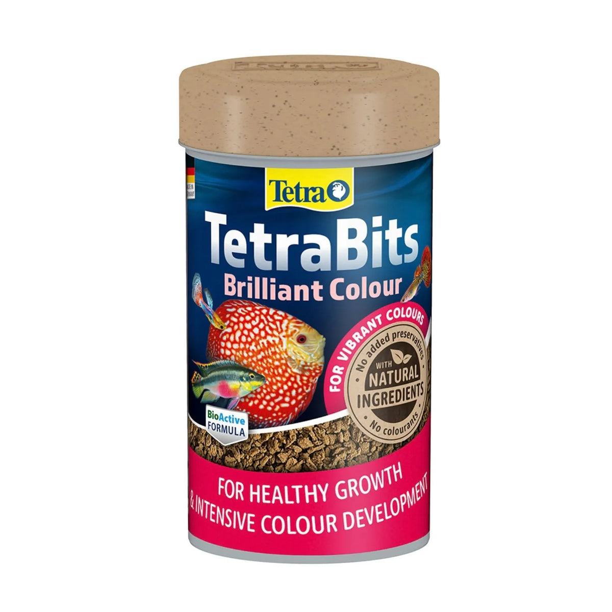 A cylindrical plastic jar of Tetra Bits Brilliant Colour fish food, featuring a blue label with a red and orange patterned tetra fish illustration, a brown lid, and visible kibble at the bottom.