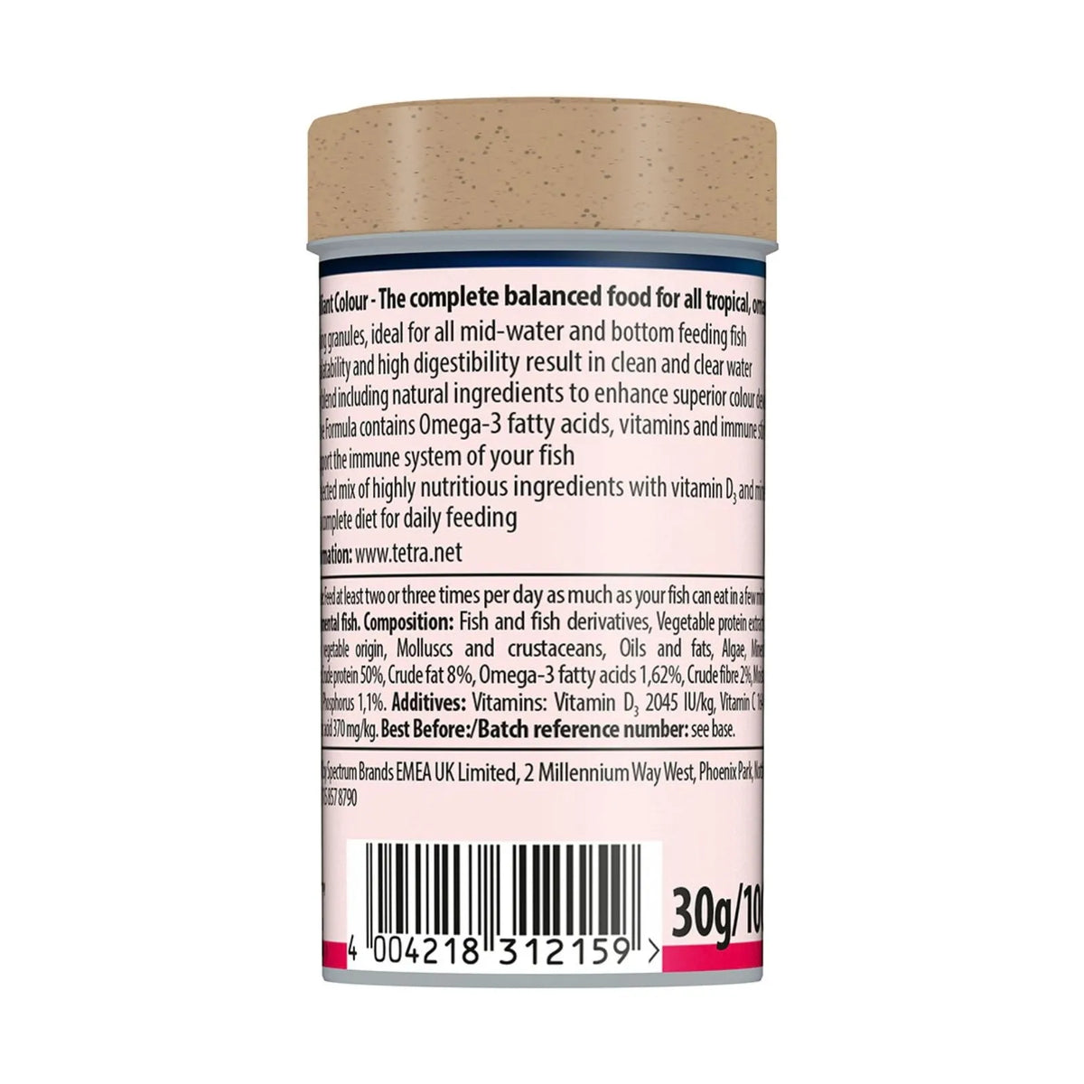 Back view of a Tetra fish food canister, showing the product label and barcode on a white background.