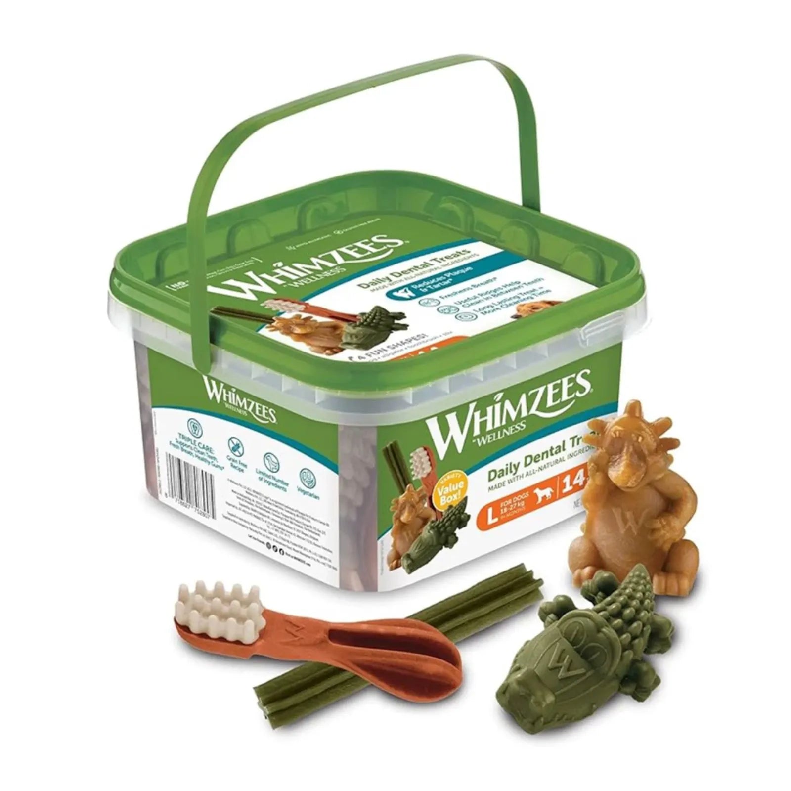 Whimzeez Pets Daily Dental Treats in a green plastic tub with a handle, shown with several animal-shaped dental treats and a wooden treat scoop on a white background.
