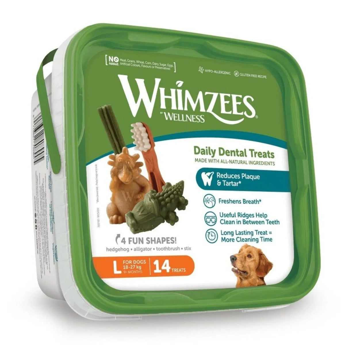 A tub of Whimzees Wellness Daily Dental Treats for dogs, featuring a green container with a white and teal label showing dog illustrations and a small golden retriever photo.