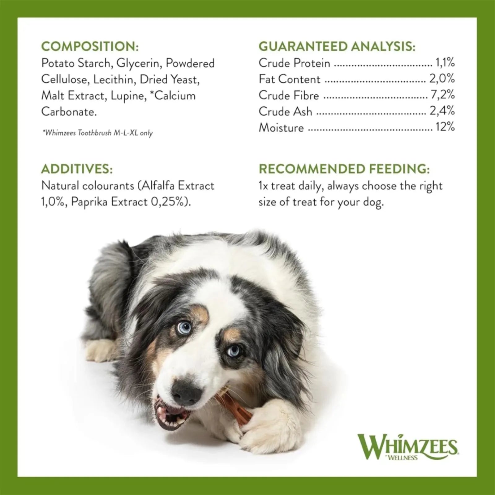 Dog treat packaging with Whimzees branding, showing a dog and nutritional information.
