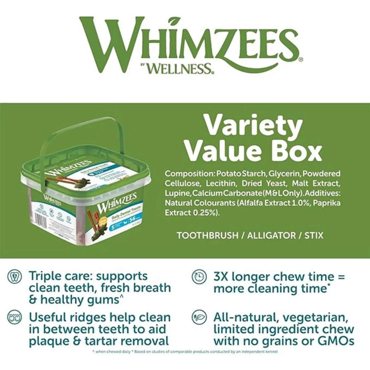 Whimzees Wellness Variety Value Box packaging with product details on a green background