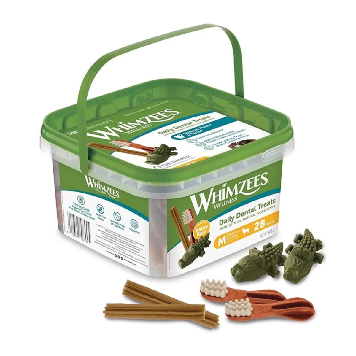 A tub of Whimzeez dog dental treats with a green handle and clear container, shown with several green crocodile-shaped treats, brown sticks, and orange-and-white toothbrushes on a white background.