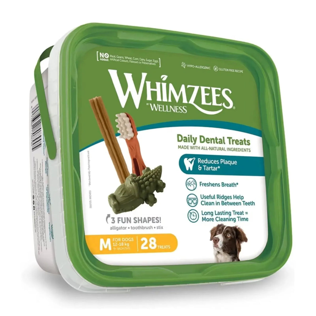 A tub of Whimzees Wellness Daily Dental Treats for dogs, shown on a clean white background. The green container features a white and green label with illustrations of dental treats and a dog's face.