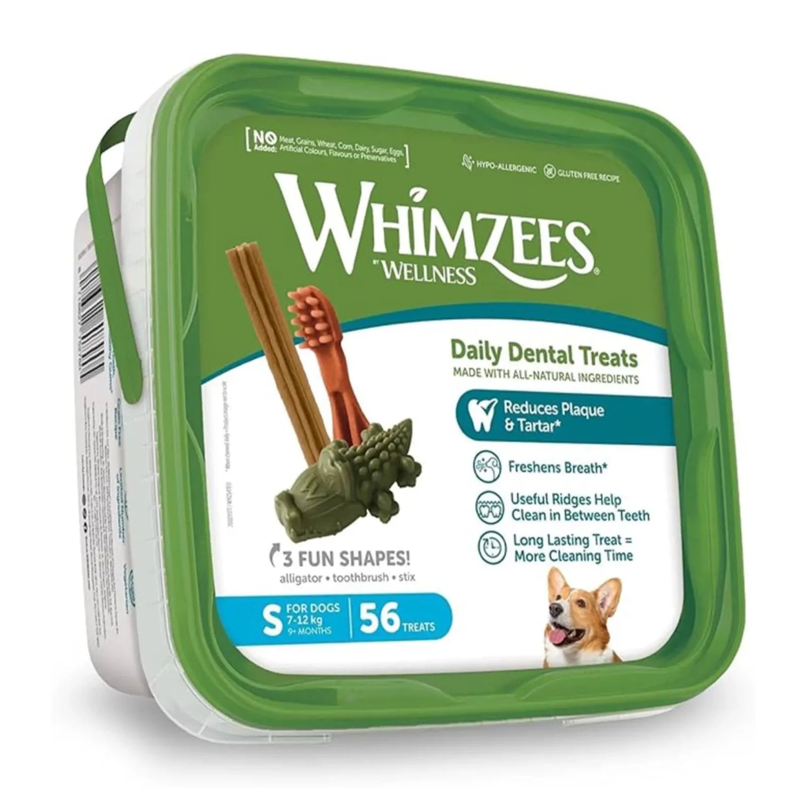 A container of Whimzees Wellness Daily Dental Treats for dogs, featuring a green and white package with illustrations of dental treats and a corgi.