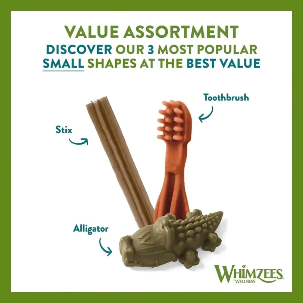Dog toys including a toothbrush, stix, and alligator-shaped toy with Whimzees Wellness branding.