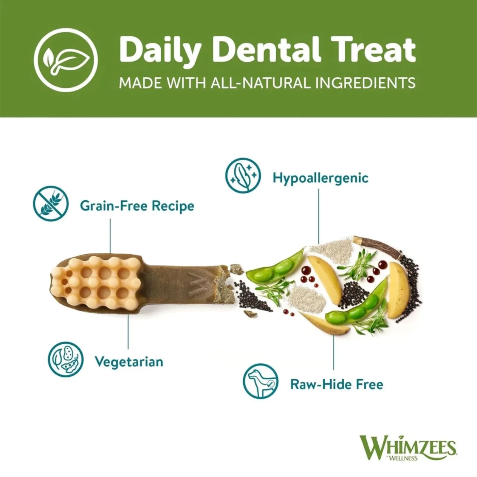 Whimzees Daily Dental Treat packaging with features and branding on a white background
