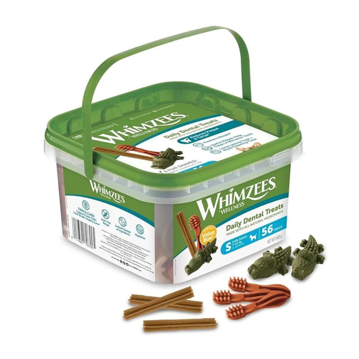 A tub of Whimzees Wellness daily dental treats for small dogs, with the green-handled container shown alongside several brown sticks and orange-bristle treats on a white background.