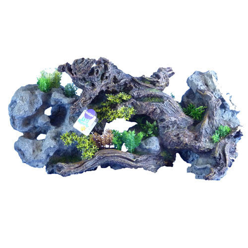 Driftwood With Rock And Plants